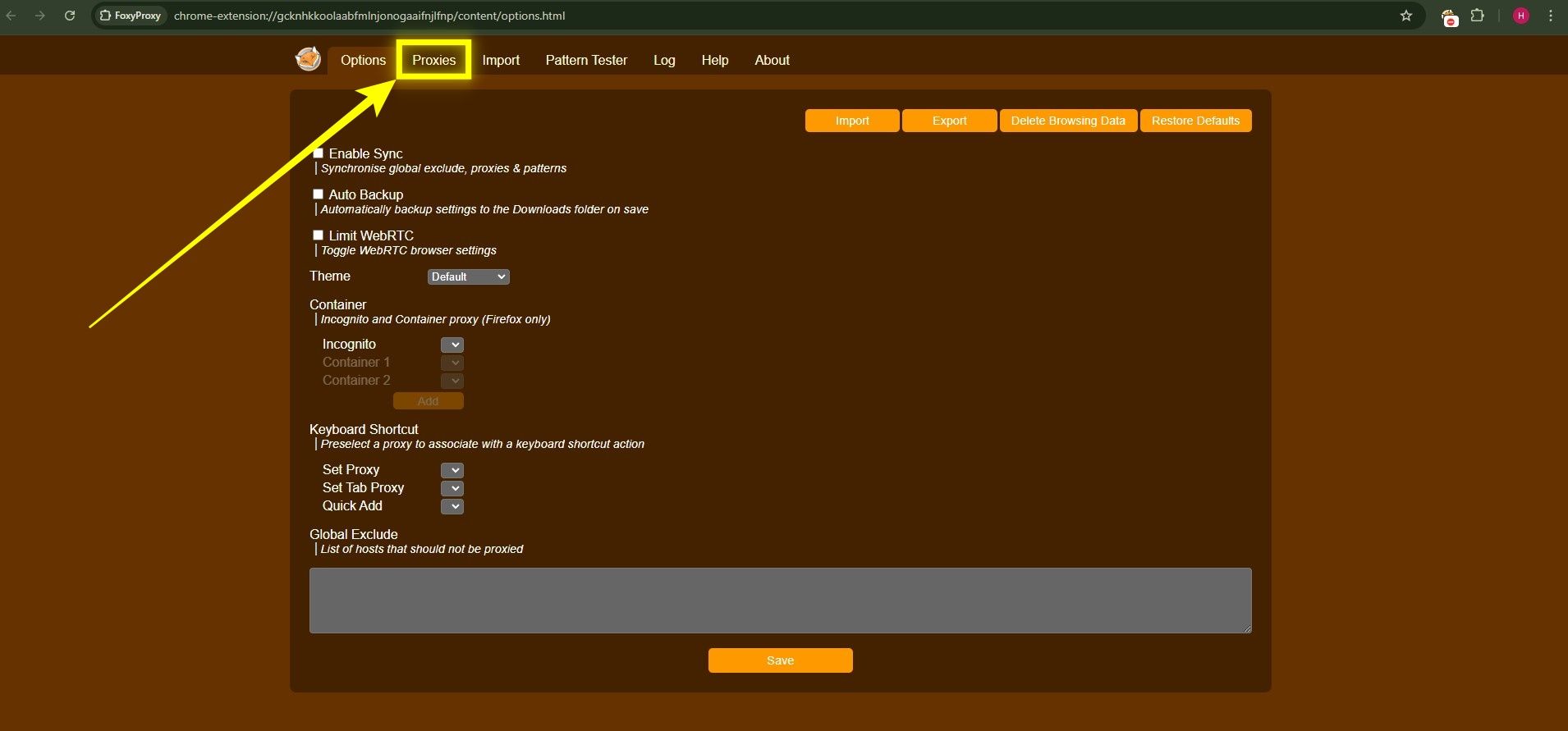 Navigate to Proxies tab in FoxyProxy options